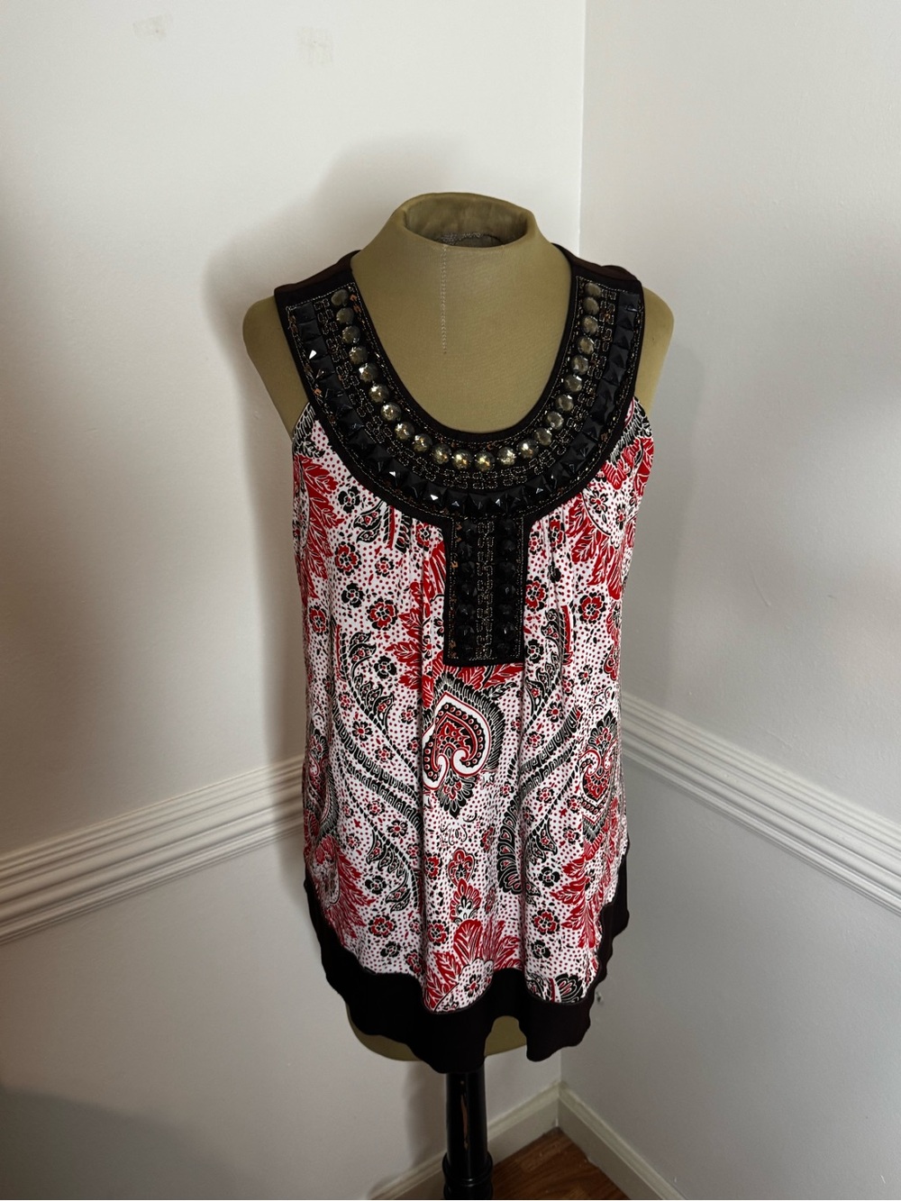 Cocomo Red, White and Black Beaded Paisley Camisole